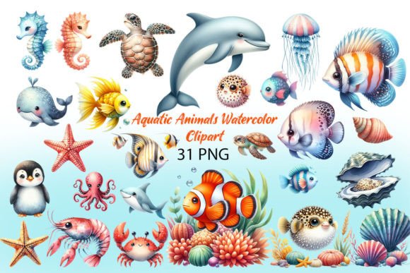 Download Aquatic Animals Watercolor Clipart - Aquatic Collection
