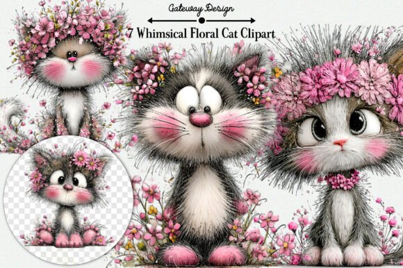 Download Whimsical Floral Cat Clipart - Floral cat clipart Collection